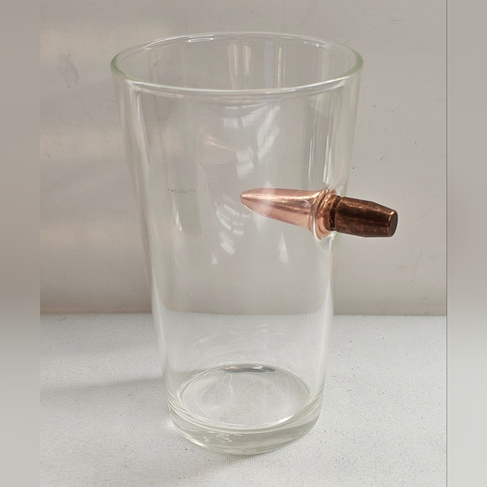 Handcrafted Lucky Shot 16 oz Bullet Pint Beer Glass With Real .50 Cal BMG Bullet
